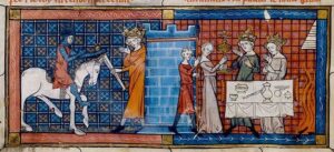 Perceval arrives at the Grail Castle, to be greeted by the Fisher King. From a 1330 manuscript of Perceval ou Le Conte du Graal by Chrétien de Troyes, BnF Français 12577, fol. 18v. Artist: unknown. Year: 1330. Public domain.