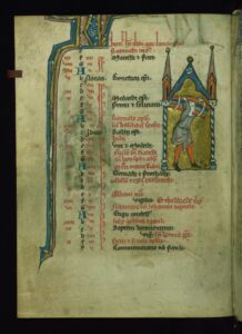 Leaf from Psalter: June Calendar, Man Carrying a Bundle of Wood Flemish (Artist) ca. 1270-1280 ink and pigments on parchment (Medieval Europe , Manuscripts and Rare Books)