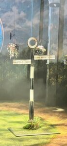 Close-up of the Badger’s Drift signpost on stage, pointing to Causton and Ferne Bassett, part of the Midsomer Murders on Stage production design.